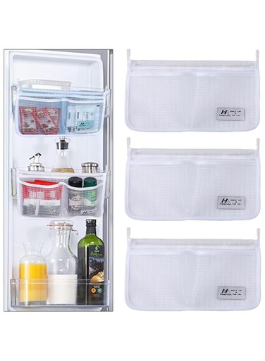 MAKINGTEC (3 Pack) Refrigerator Door Organizer Mesh Bags Set,Fridge Door Organizer, Fridge Storage Container Used for Kitchen, Refrigerator Door,Bag Storage Organizer for Small Objects, WHITE