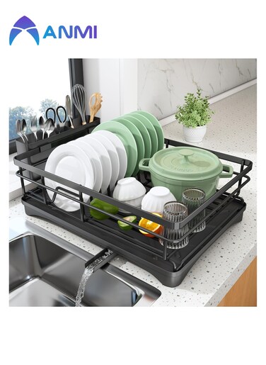Dish Drying Rack, Extendable Dish Rack for Kitchen Counter, Stainless Steel Dish Strainer with Utensil Holder, Black