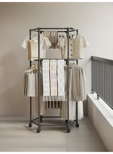 Heavy-Duty Adjustable Clothes Drying Rack - 2-Tier Metal Shelves + Hanging Rods   Multi-Position Space-Saving Organizer for Bedroom, Bathroom &amp; Closet   Sturdy Floor Standing Design (Black)