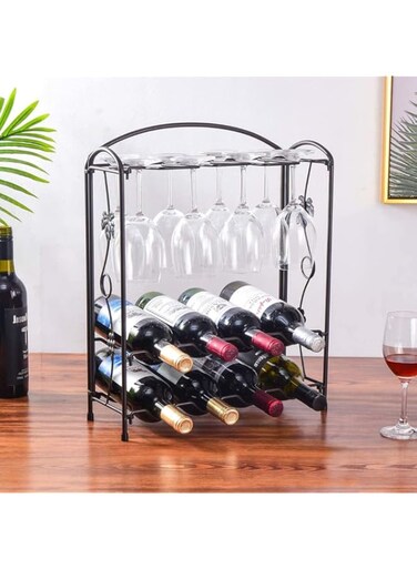 URbazaar Wine Rack Countertop with Glass Holder,Foldbale Wine Bottles Holder for 8 Bottles and Wine Glasses Perfect for Kitchen, Bar, Wine Cellar, Cabinet
