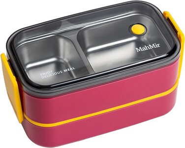 صندوق غداء من الستانلس ستيل - صندوق بينتو معزول متعدد الوظائف - حاويات صندوق غداء مع قسمين وادوات مائدة (صندوق غداء من الستانلس ستيل 304 بقسمين من ماهمير (احمر)