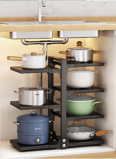 Tycom Pots and Pans Organizer for Cabinet,Kitchen Organizer and Storage Rack,Space Saving Stand with Adjustable Dividers,7 Layer Double Sided With Panel Black.