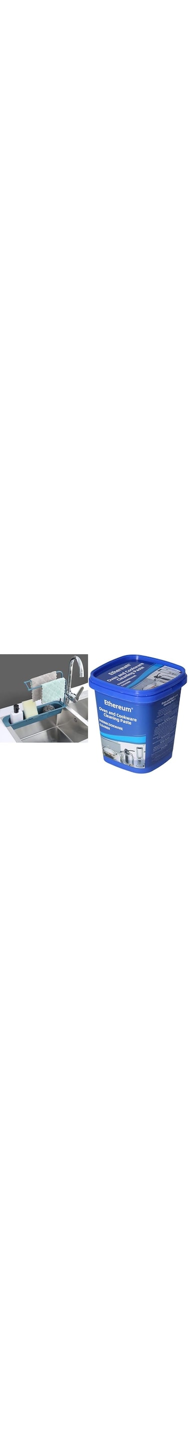 Telescopic Sink Shelf Soap Sponge Drain Rack Storage Basket Bag Faucet Adjustable Holder-WITH Stainless Steel Oven and Cookware Cleaning Paste.
