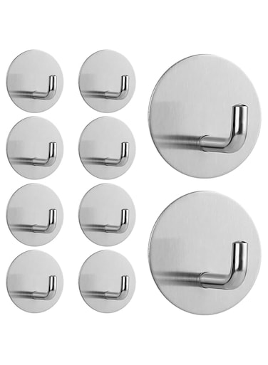 Self Adhesive Wall Hooks (Pack of 10) - 304 Stainless Steel, Waterproof &amp; Anti-Rust, Heavy Duty, Transparent &amp; Strong Suction, Ideal for Bathroom, Kitchen, Bedroom, Hanging Coats, Towels (Silver)