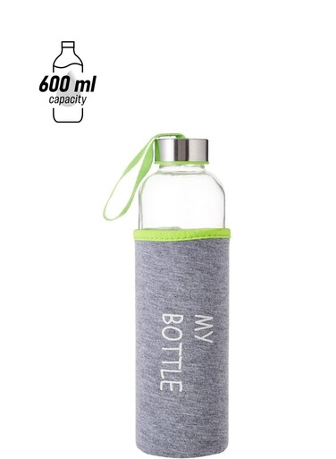 Art Glass Drinking Bottle 600ml with Leak-Proof Lid &amp; Fabric Sleeve Cover &acirc;&euro;&ldquo; Clear Bottle with Grey Sleeve &amp; Lime Green Accent Strap