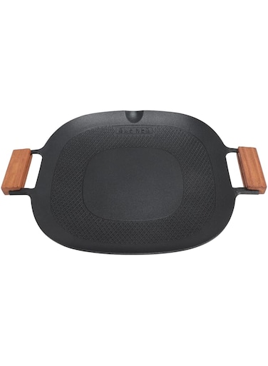 gernie Nonstick Aluminum BBQ Grill Pan, Quick Heating Stovetop Plate with Wooden Handles for Indoor Outdoor, Camping, Teppanyaki, Open Fire, Induction Cooktop