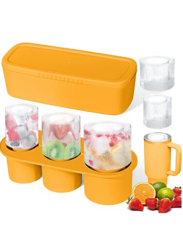 Ice Cube Tray for Cup Silicone Ice Cube Mold with Spill-Resistant Lid 3 Hollow Cylinder Ice Cube Molds for 20-40 oz Tumblers BPA Free Ice Cube Trays for Freezer Drinks Coffee Orange