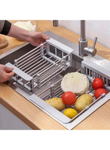 LAX LANE 1Pc Stainless Steel Expandable Over-The-Sink Dish Rack, Multifunctional Drainer Basket for Kitchen, Collapsible Vegetable and Fruit Washing Organizer