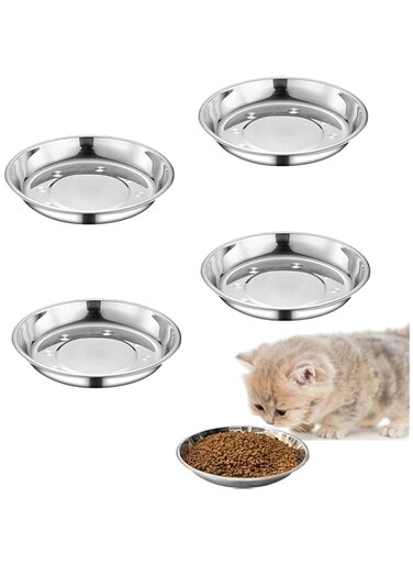 WEWAYKGJ Stainless Steel Shallow Cat Food Bowls Wide Cat Dish Puppy Bowls Whisker Fatigue Relief Cat Plates Elevated Stands Replacement Kitten Metal Plate 4 Pcs (6.06 Inch Dia.)