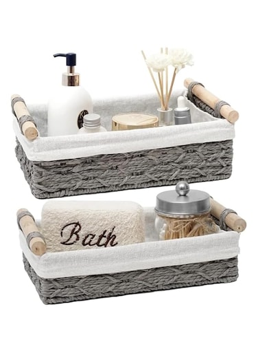 Purfex 2-Pack Woven Grey Paper Rope Storage Baskets with Handle - Rectangle, Organizing, Cosmetic, Shelf Cabinet, Home