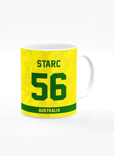 Designer Printed Coffee Mug with Heavy Duty Handle 11oz Ceramic Personalised Gift Mugs Cup [Microwave Safe &amp; Dishwasher Proof ] - Cricket Player - Mitchell Starc, Jersey Number - 56