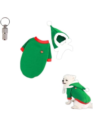 PETSARY Dog Xmas Sweater &amp; Elf Hat with 1 Pcs Pet Id Tag Gift - Dog Breathable Cool Costume Vest Outfit - Merry Christmas Winter Warm Recovery Suit - Soft Cloth Outerwear (Green, Small)