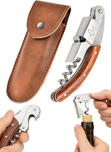 Stainless-Steel Wine Opener with with Leather Pouch &amp; Ergonomic Handle, Durable Corkscrew, Easy Lever Mechanism, and Sleek Design for Effortless Bottle Opening at Home, Parties, and Bars