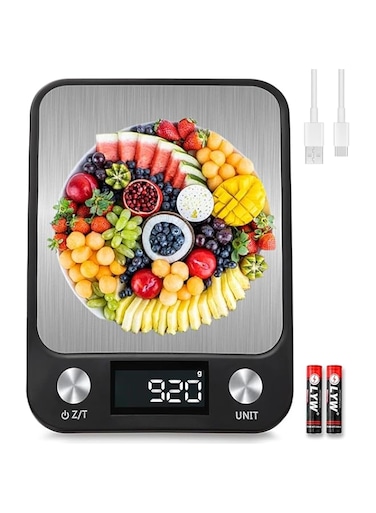 Digital Kitchen Scale,High Accuracy Rechargeable Food Scale Multifunction Food Weighing Scale Coffee Jewelry Scale with LCD Display,Tare Function,Stainless Surface for Cooking and Baking (15kg/1g)