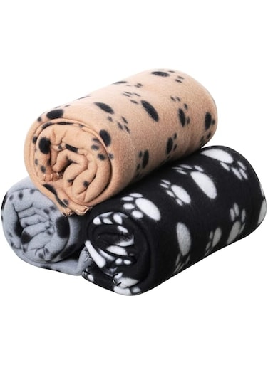 DELFINO Pet Blankets Soft Dog Cat Fleece Blankets Extra Large Plush Throws Dog Cat New Pet Touch Soft Fleece Large Pet Blankets Kittens Paws Pack of 3 Khaki Grey and Black 100cm x 70cm