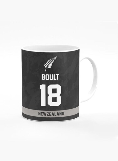 Designer Printed Coffee Mug with Heavy Duty Handle 11oz Ceramic Personalised Gift Mugs Cup - Cricket Player - Trent Boult, Jersey Number - 18 (With Logo)