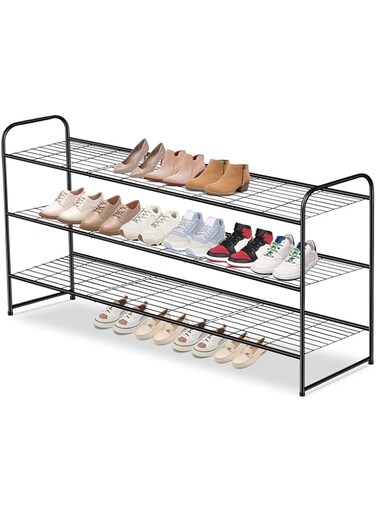 AOODA Long 3 Tier Metal Shoe Rack for Closet Wide Stackable Shoe Storage Organizer for Entryway, Bedroom, Floor, 24-Pairs Men Sneakers Shoe Shelf with Wire Grid, Black