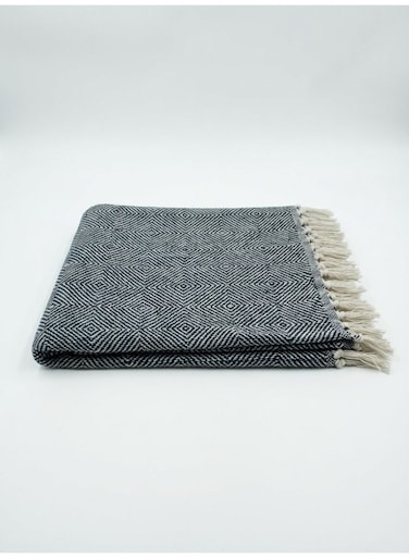 130 x 160 cm Woven Wooly Cotton Knitted Throw Blanket Navy Blue, Premium 400GSM Boho Geometric Tassel Blanket for Sofa Couch Bed and Living Room Decor