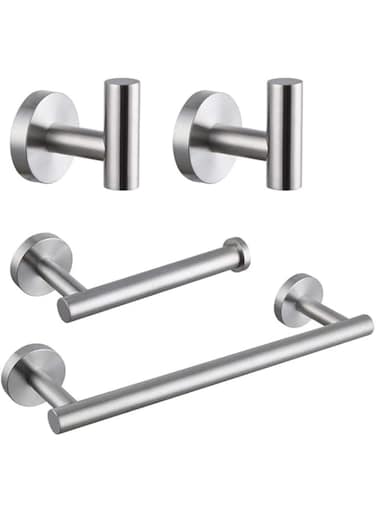 4 Piece Bathroom Towel Rack Hardware Set SUS304 Thicken Stainless Steel Wall Mounted - Include 16" Hand Towel Bar，Toilet Paper Holder，2 Robe Towel Hooks Brushed Bathroom Accessories Kit (Silver)