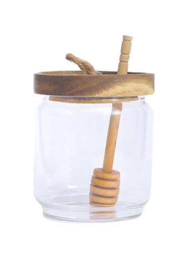 Honey Jar Pot Glass Holder Dispenser Set with Wooden Dipper Stick and Acacia Lid Cover for Home Kitchen, Clear, Modern Honey Syrup Glass Container for Storage Gift, Honey Pot and Drizzler (14 Oz)