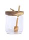 Honey Jar Pot Glass Holder Dispenser Set with Wooden Dipper Stick and Acacia Lid Cover for Home Kitchen, Clear, Modern Honey Syrup Glass Container for Storage Gift, Honey Pot and Drizzler (14 Oz)