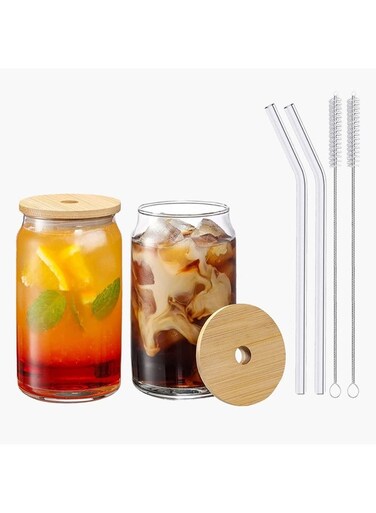 Box Zen 2-Piece Borosilicate Can Shaped Glass Jar with Straw and Cleaning Brush Set