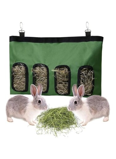 Rabbit feed bag, guinea pig feed bag, hanging feed bag, small animal feed bag (L(4 holes), green)