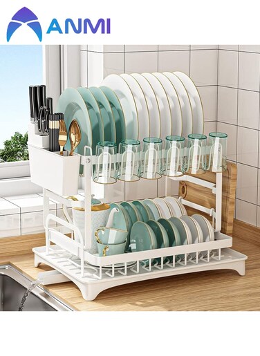 Dish Drying Rack Multifunctional Dish Rack Rustproof Kitchen Dish Drying Rack with Drainboard Space-Saving 2-Tier Dish Drying Rack with Utensil Holder &amp; Cup Holder for Kitchen Counter （White）