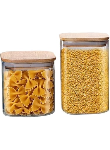 Glass Storage Jars 2-Pcs Glass Kitchen Canisters with Airtight Bamboo Lids - kitchen containers &amp; storage Set for Cereal, Dry Food, Flour &amp; Sugar, Cookie, Spices, Coffee Beans, Kitchen Organizer