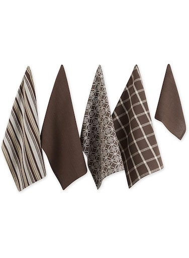 DII Assorted Woven Kitchen Set, Dishtowel, 18x28, Dishcloth, 13x13, Dark Brown, 5 Piece