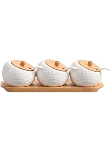 Set of 3 Home Spice Container Jar Condiment Dispenser Salt Spice Storage Wooden Cover With Stand - White