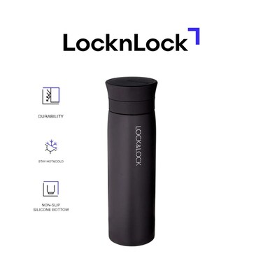 LocknLock 400ml Stainless Steel Tumbler &ndash; Black, Double-Vacuum Insulated, Spill-Proof &amp; Portable Travel Mug for Hot &amp; Cold Drinks