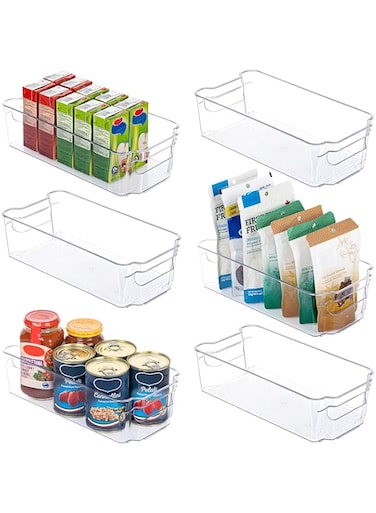 HOOJO Refrigerator Plastic Organizer Bins - 6 Pieces, Clear, 12.5in Long-Medium