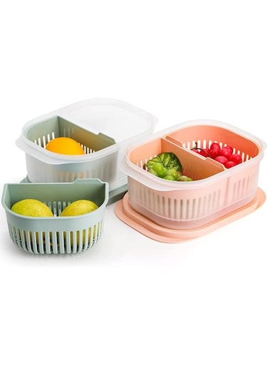 KASTWAVE Airtight Stackable Produce Saver Containers for Fruits and Vegetables, Set of 3 Storage Bins for Fridge Organization