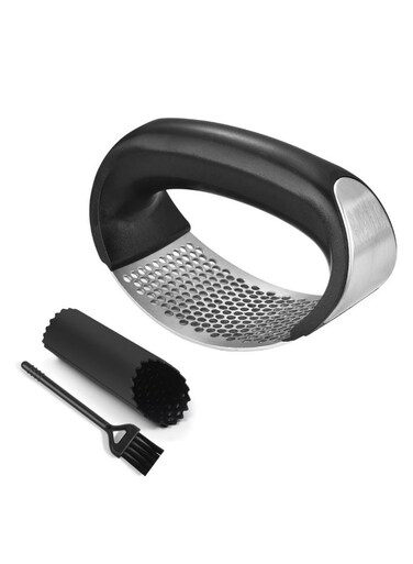 Steel Garlic Press Rocker Set - Premium Garlic Mincer Garlic Crusher - Comfortable Grip (Black)