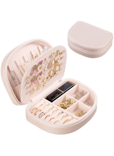 Khazna Portable Jewelry Box, Small Travel Double Layer PU Leather Mini Jewelry Display Case Earring Necklace Bracelet Ring Organizer Holder Box for Women Girl Champagne