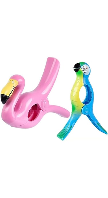 TOMVAES 2 PCS Beach Towel Clips,Windproof Portable Towel Holders,Cute Beach Towel Pegs for Beach Chairs,Patio and Holiday Pool (flamingos+blue parrots)