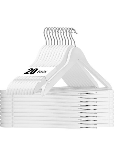 HOUSE DAY 20 Pack White Wooden Hangers Clothes Hangers Smooth Finish Wooden Coat Hangers for Closet Heavy Duty Hangers Solid Wood Hangers Suit Hangers for Clothes, Jacket, Shirt, Tank Top, Dress.