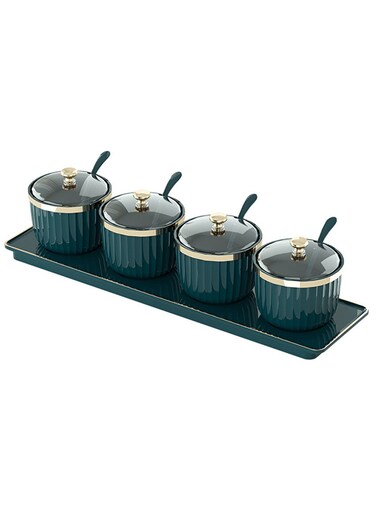 Qiccijoo Condiment Spice Jars，Spice Box With Lids and Spoons and Tray Condiment Canisters Pots Seasoning Box Salt Container Sugar Bowl Set of 4 for Kitchen to Storage Salt，Paprika，Sugar(Green)