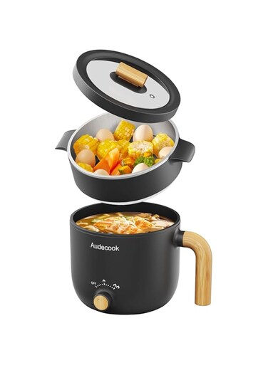 Audecook Electric Hot Pot with Steamer, 1.5L Portable Rapid Mini Cooker, Multifunctional Non-Stick Electric Skillet for Stir Fry/Stew/Steam (black)