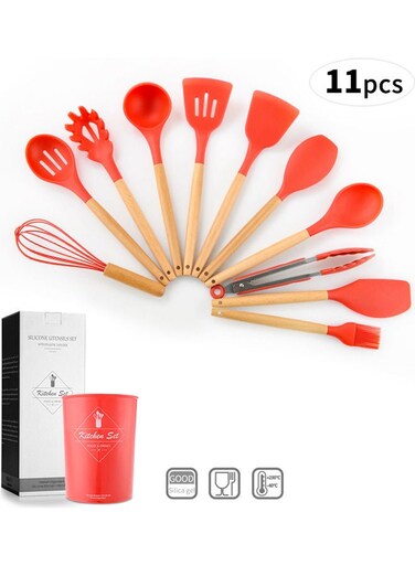 Pieces Silicone Cooking Utensil Set with Wooden Handle Red 12.50 x 12.50 x 1.146cm