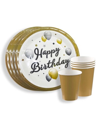 PARTY TIME - 12 Pieces Happy Birthday Print and Balloon Design Themed Disposable Plates 9" and Paper Cups 9 oz. for All Types of Occasions