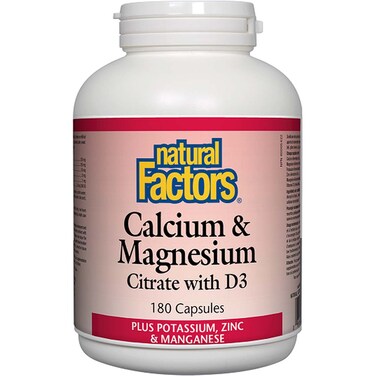 Natural Factors Calcium &amp; Magnesium Citrate with D3 Plus Potassium, Zinc &amp; Manganese, 180 Capsules