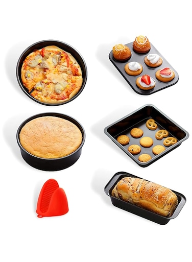 Cooking &amp; Baking Set 5 Piece Non Stick Bakeware and cooking pan set&ndash; Food Grade Carbon Steel Cake, Toast, Pizza Tray, &amp; Deep Baking Trays with Silicone Mit for Baking Cakes &amp; Cookies