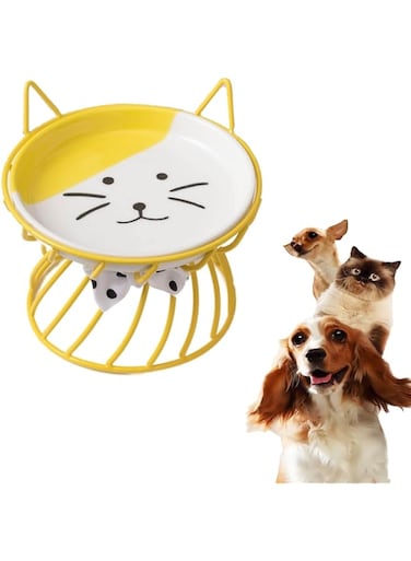 SYOSI Cat Food Dishes, Elevated Cat Food Bowl with Non Slip Metal Stand, Raised Pet Food and Water Bowl, Cat and Small Dog Bowl, Tilted Ceramic Cat Water Bowl, Dishwasher Safe (Yellow)