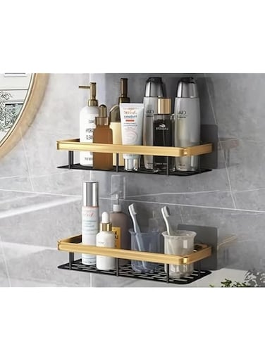 JANNAH 2Pcs Bathroom Shelf No Drilling Wall Mounted Bathroom Storage Rack Floating Shelf Hanging Shelf For Home Storage (Gold)