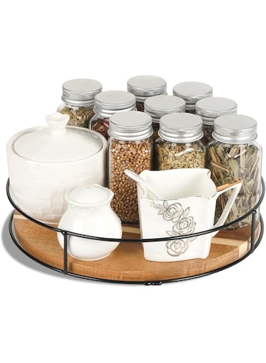 YHRY 9Inch Acacia Wood Lazy Susan Organizers with Steel Sides, Lazy Susan Turntable, Kitchen Turntable Storage, for Cabinet, Table, Countertop, Pantry Organization