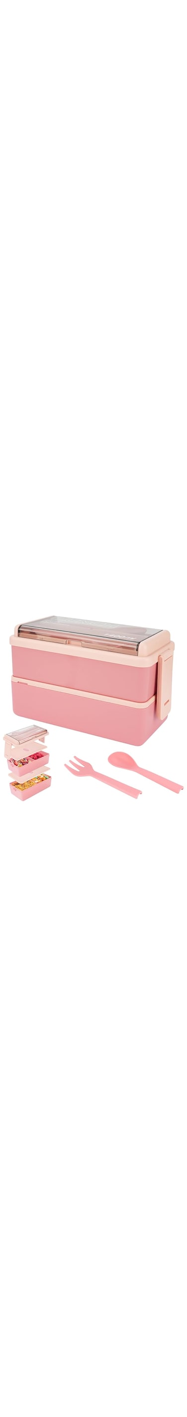 Oasisgalore 1400ml Lunch Box Stackable Bento Box - 2 Layer Lunch Box with Spoon Fork, Meal Prep Container Box for Students Adults Office School Microwave Dishwasher Safe Available (Pink)
