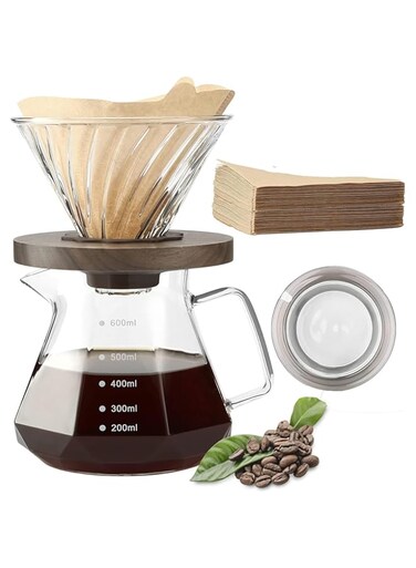 SWIUKPHE V60 Hand Drip Coffee Maker 600ml, Pour Over Coffee Maker, Borosilicate Glass Carafe with 40 pcs V60 Paper Filter, Walnut Handle &amp; Glass Lid, Drip Coffee Maker for Home Caf&eacute; Restaurant Camping