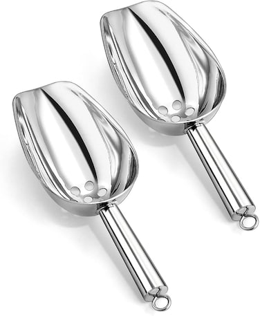 2 Pcs Value Pack, U-Shaped Stainless Steel Ice Cube Scoop with Perforated Drain Hole, Size: 21.5 cm